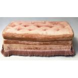 COUNTRY HOUSE STYLE HEARTH STOOL, English serpentine sided crushed old rose velvet with fringe, 90cm