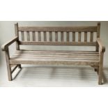 GARDEN BENCH, weathered teak and slatted with vertical back slats, 160cm W.