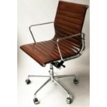 REVOLVING DESK CHAIR, Charles and Ray Eames style ribbed hand dyed leather revolving and reclining