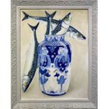 CLIVE FREDRIKSSON 'Mackerel and Vase', oil on board, 60cm x 44cm, framed.