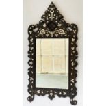 WALL MIRROR, vintage Moorish hardwood with rectangular bevelled plate and pierced and mother of