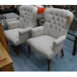 ARMCHAIRS, a pair, Victorian style, neutral button back upholstered, 98cm H.