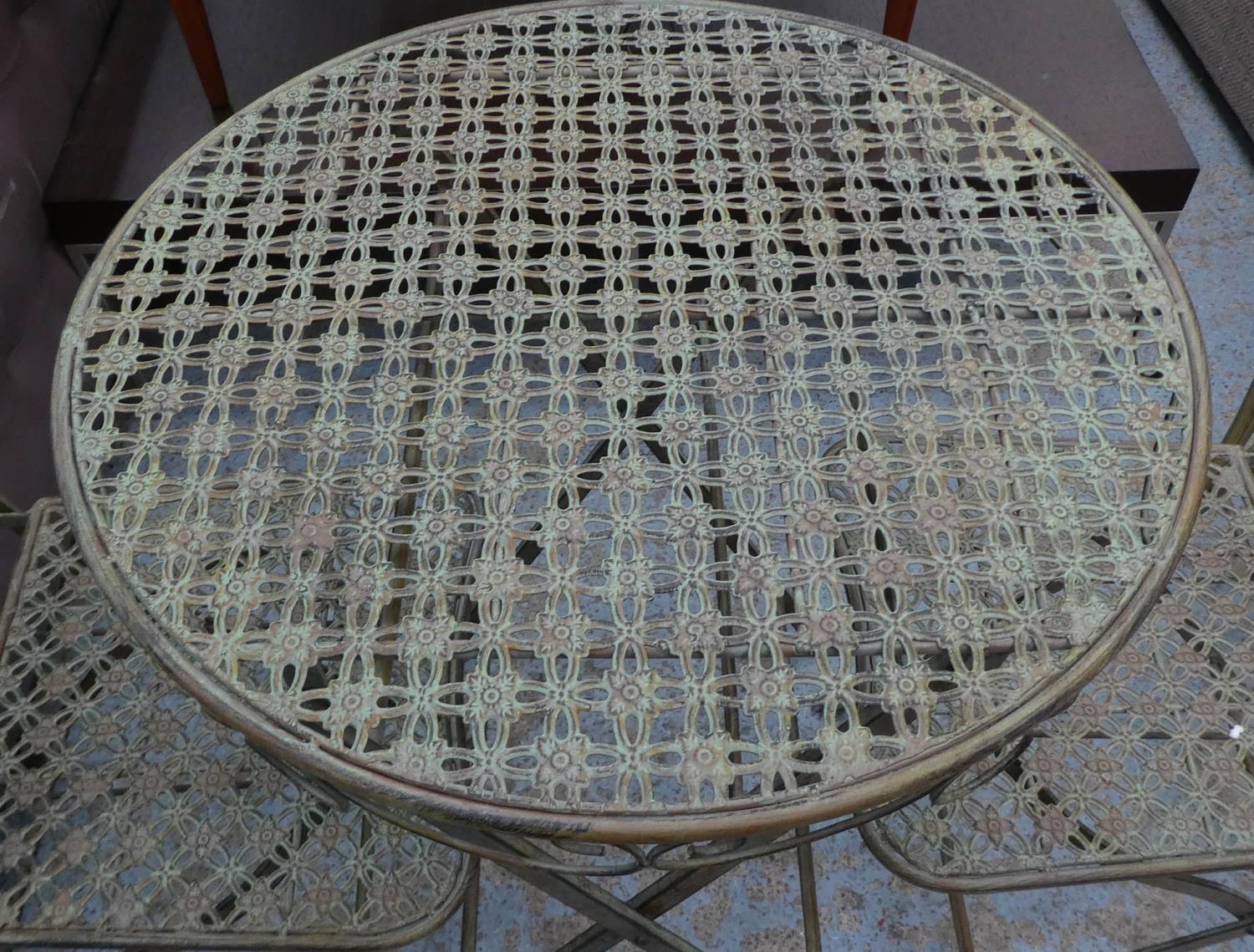 GARDEN DINING SET, including table 74cm x 60cm diam and two chairs 91cm H, 1950's French style. (3) - Image 2 of 3