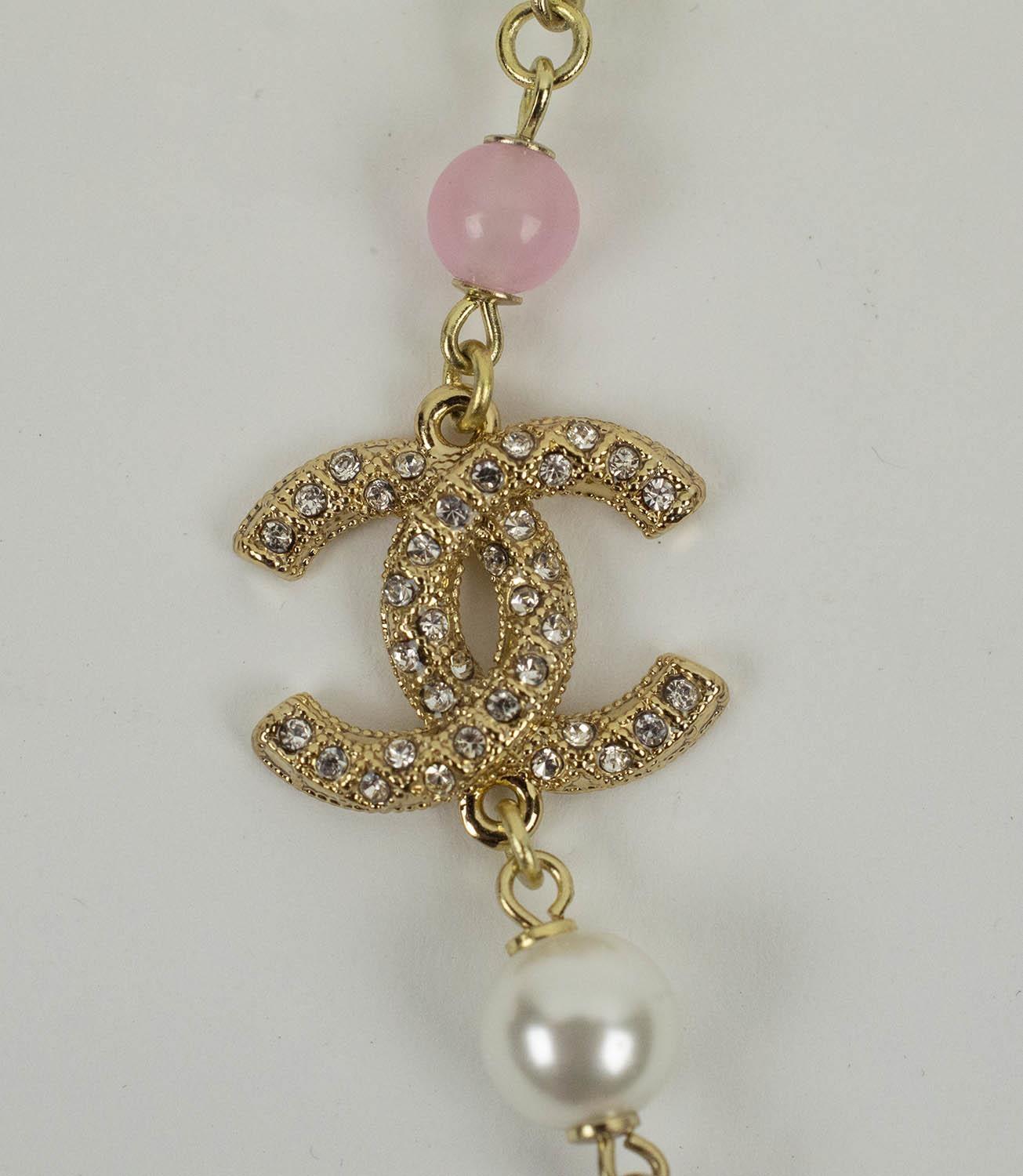 CHANEL NECKLACE, faux pearl with pink beads and crystal inset beads with a pair of CC earrings. (3) - Image 3 of 6