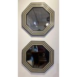 WALL MIRRORS, a pair, 1970's Italian design, octagonal inlaid frames, 61cm diam. (2)