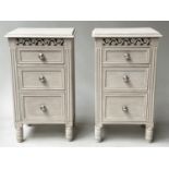 BEDSIDE CHESTS, a pair, French grey painted each pierced with three drawers, 40cm x 29cm x 72cm
