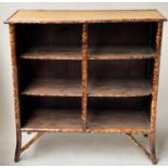 BAMBOO BOOKCASE, Victorian bamboo framed and cane panelled with three shelves and splay supports,