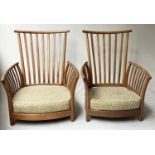 ERCOL ARMCHAIRS, a pair, elm stick back and arms, with William Morris style fabric cushions, 97cm H.
