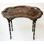 TRAY TABLE, Victorian, serpentine, papier -mâché black lacquered and gilt and red Chinoiserie