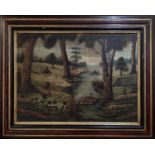 EARLY 19TH CENTURY AUSTRALIAN SCHOOL 'Aboriginal logging scenes', oil on canvas, 56cm x 68cm,