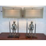 'HOOP GIRL' TABLE LAMPS, a pair, after a design by Ferdinand Preiss, Art Deco nickel plated, 80cm H.