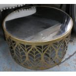 LOW TABLE, 1970's Italian style, gilt metal with foliate cut out detail, mirrored top, 64cm Diam x