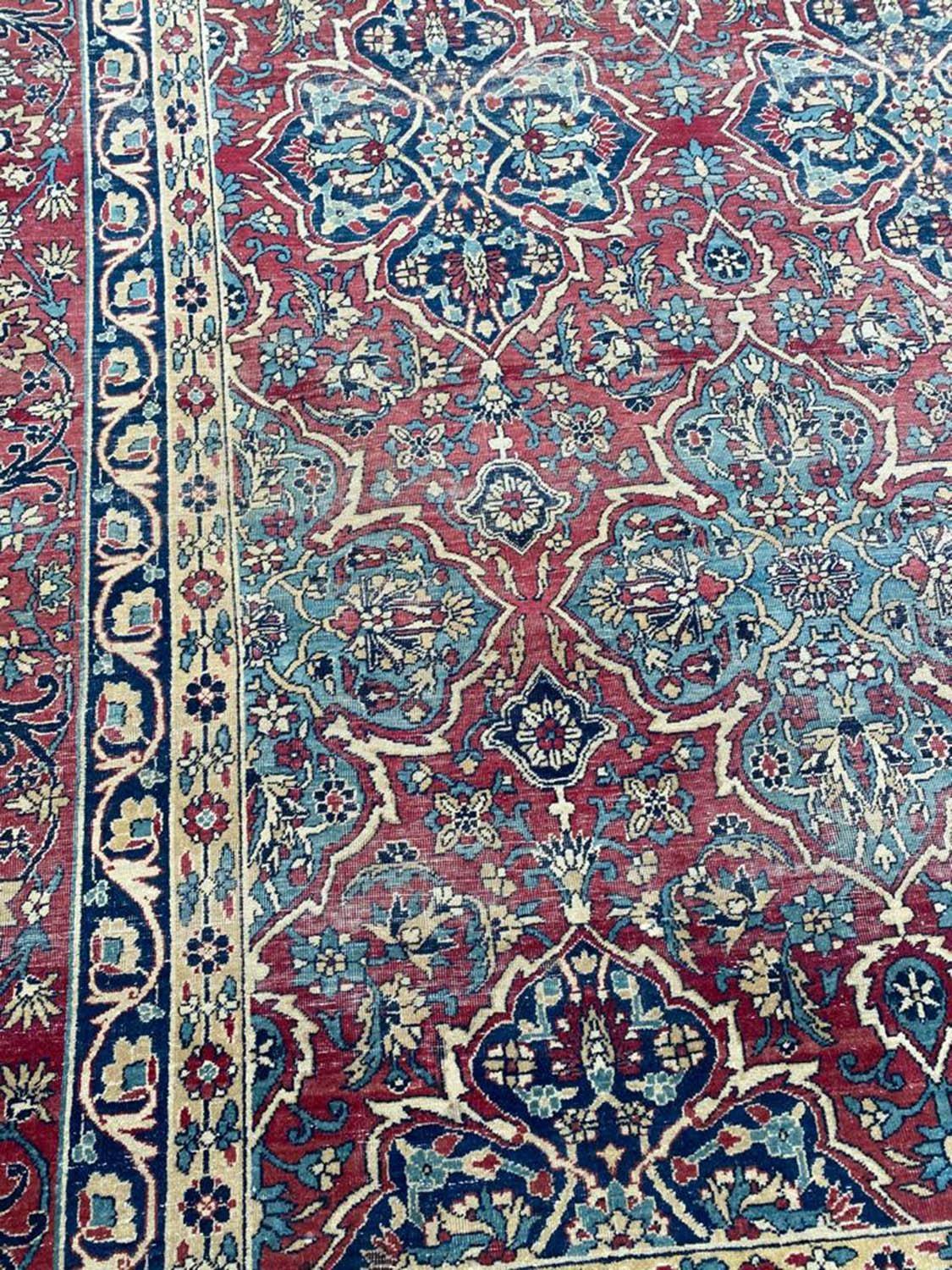 ANTIQUE PERSIAN KIRMAN LAVER CARPET, 375cm x 270cm. - Image 2 of 4