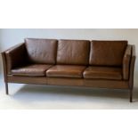 DANISH SOFA, teak grained mid brown leather upholstery, 195cm W.