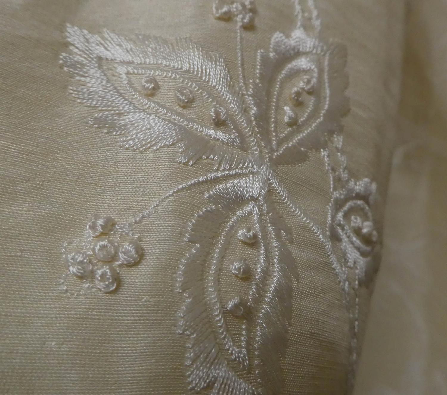 CURTAINS, two pairs in an embroidered ivory silk, lined and interlined, one pair each curtain approx - Image 3 of 4