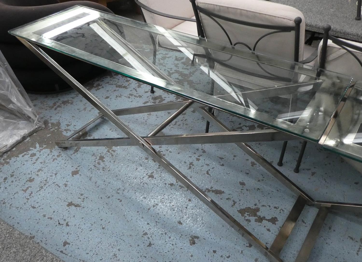 CONSOLE TABLE, contemporary design, polished metal and glass, 152cm x 45cm x 75cm.