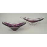 MURANO ART GLASS, two pieces, mid 20th century, one in deep purple with white strip, 40cm L. (2)