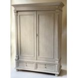 ARMOIRE, 19th century French grey painted with two panelled doors enclosing hanging space and two