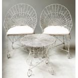 TERRACE/PATIO SET, a pair, French wirework armchairs 58cm W and low table en suite 52cm x 52cm H. (