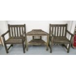 GARDEN DRINKS SET, including a pair of armchairs, weathered hardwood, 62cm, and a canted two tier
