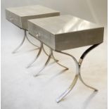 SIDE TABLES, a pair, faux shagreen and glazed each with frieze drawer and chrome supports, 50cm x