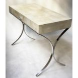 WRITING TABLE, contemporary Barcelona faux shagreen and glazed with frieze drawer and chrome