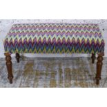 HEARTH STOOL, part Victorian mahogany in Missoni chevron velvet, 93cm W x 47cm D.