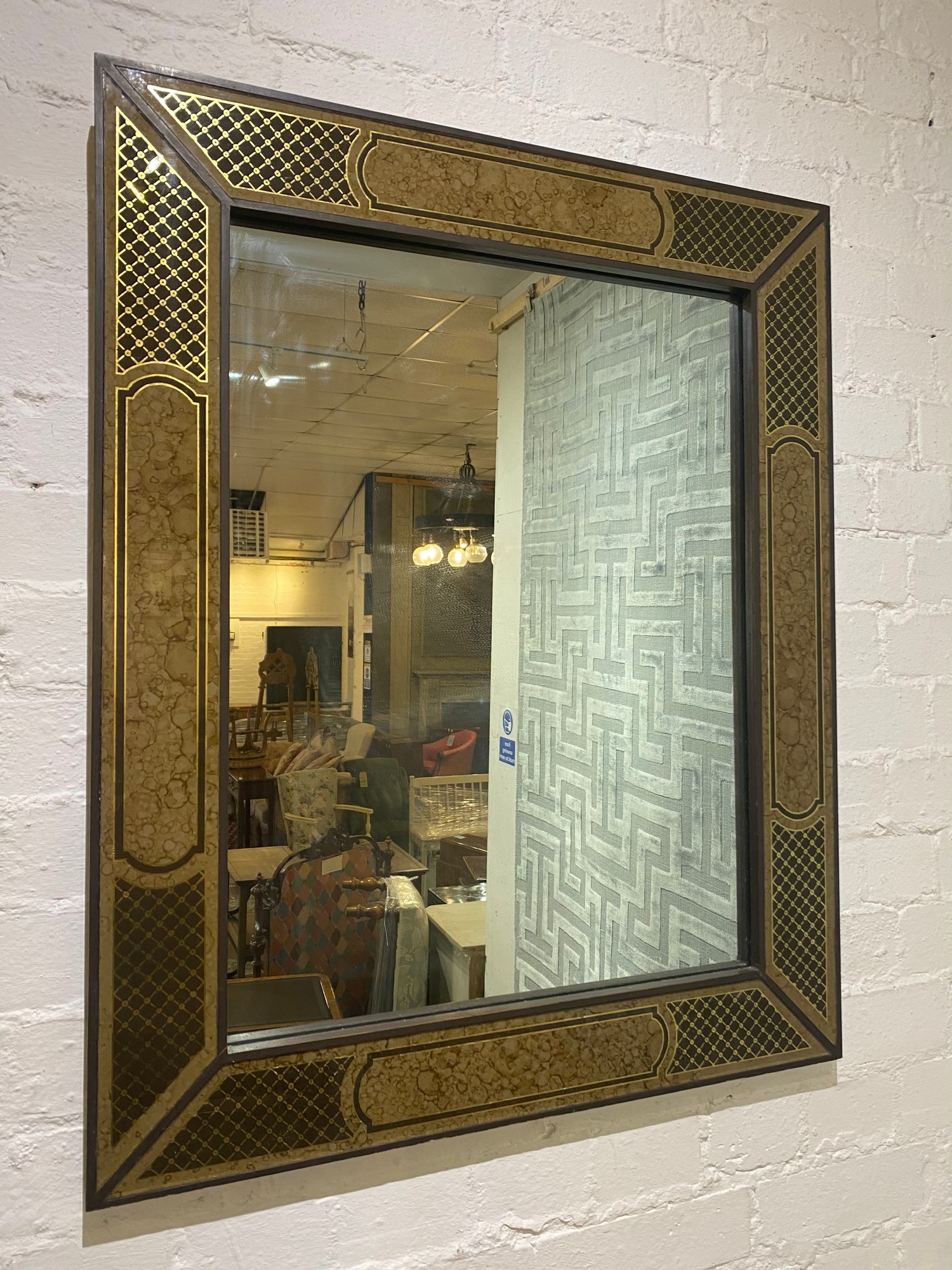 WALL MIRROR, 1970's Italian verre eglomise and brass frame, purchased from Charles Hammond Ltd,