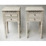 LAMP TABLES, a pair, French grey painted, each with pierced frieze and two drawers, 40cm x 32cm x