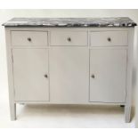 DE GOURNAY SIDE CABINET, grey painted with marble top and three drawers and two doors enclosing