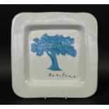 MARIO SCHIFANO PLATE, blue tree Italian postmodernism artist, 241/250 to back, 33cm x 33cm.