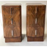 ART DECO BEDSIDE CHESTS, a pair, burr walnut each with three drawers, 34cm x 48cm x 70cm H. (2)