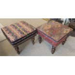 FOOTSTOOLS, two similar, Kilim covered, turned supports, each 42cm W x 42cm D x 35cm H. (2)