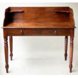 WRITING TABLE, early Victorian mahogany with deep three quarter gallery and two frieze drawers,