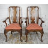 DINING ARMCHAIRS, a set of eight Queen Anne style by Maples with coral damask seats. (8)