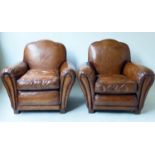 CLUB ARMCHAIRS, a pair, Art Deco style, with hand dyed tobacco leaf brown leather upholstery, 91cm