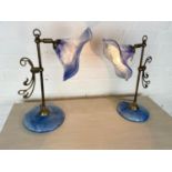 TABLE LAMPS, a pair, Art Nouveau design brass with mottled glass bases and shades, approx 43cm H. (