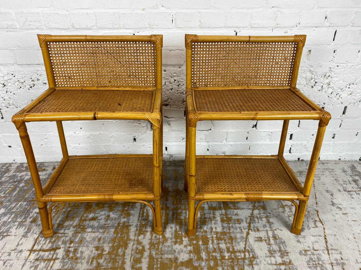 BEDSIDE/LAMP TABLES, a pair, vintage 1970's rattan and bamboo, 73cm H x 46cm x 31cm together with - Image 4 of 6