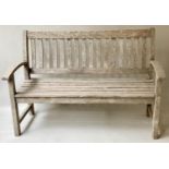 GARDEN BENCH, silvery weathered teak with shaped slatted back and arched arms, 167cm W.
