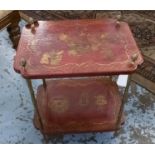 ETAGERE, two tier red lacquer Chinoiserie decorated with faux bamboo brass supports, 46cm x 59cm H x