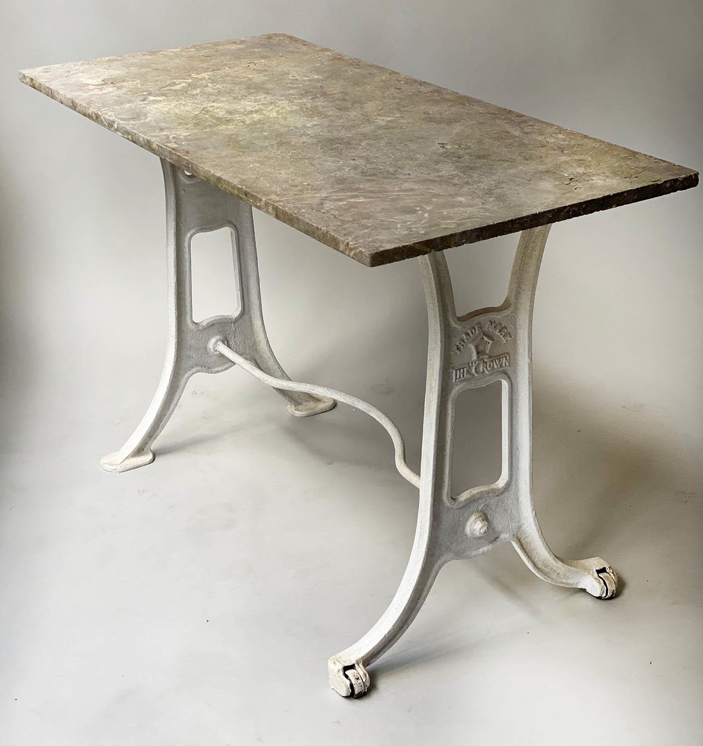GARDEN TABLE, early 20th century rectangular variegated weathered marble on cast iron strechered - Image 5 of 5