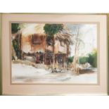 20TH CENTURY SCHOOL 'Tropical Scene with Beach House', watercolour, monogrammed, signed