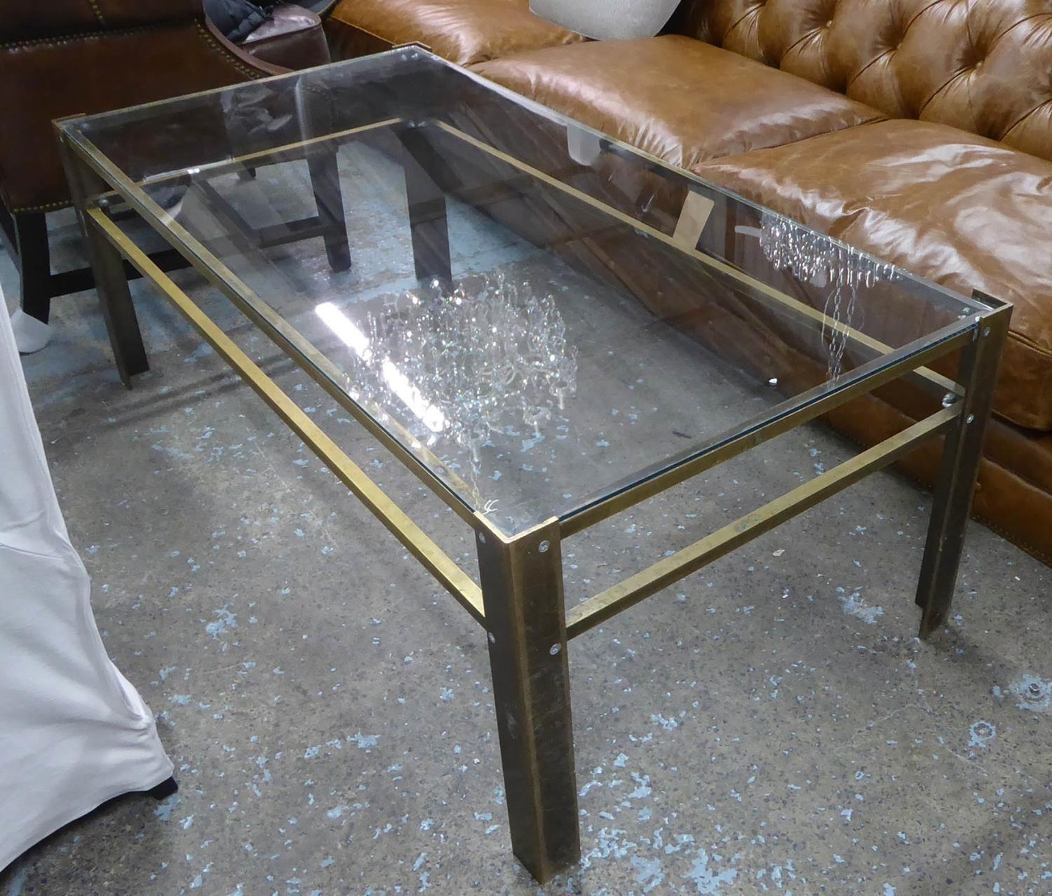 SOHO HOUSE LOW TABLE, contemporary brass with glass top, 140cm x 71cm x 50cm.