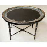 TRAY ON STAND, Victorian papier-mâché, oval black lacquer-gilt paintwork and mother of pearl, on