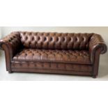CHESTERFIELD SOFA, Victorian style hand dyed, buttoned tobacco brown leather and turned feet, 190cm.