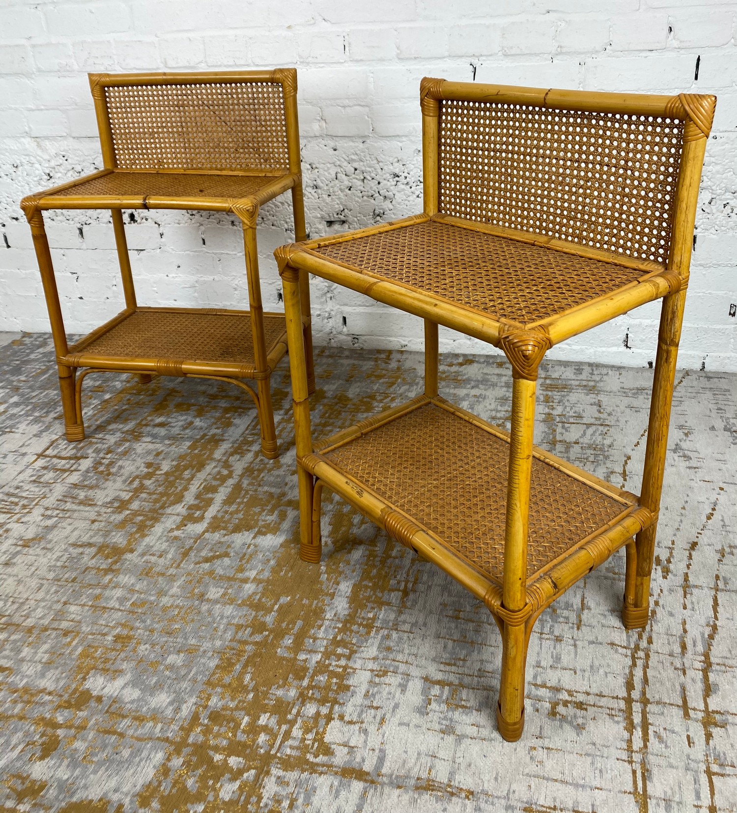 BEDSIDE/LAMP TABLES, a pair, vintage 1970's rattan and bamboo, 73cm H x 46cm x 31cm together with - Image 2 of 6