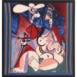 AFTER PABLO PICASSO 'Seated Woman', on silk, signed in the plate, 82cm x 78cm.