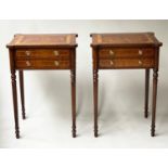 LAMP TABLES, a pair, Regency style mahogany and satinwood crossbanded each with two drawers and