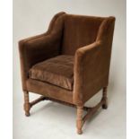 TUB ARMCHAIR, early 20th century oak with square back brown velvet upholstered seat and cushion