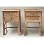 LAMP TABLES, a pair, rattan bamboo and cane panelled each with two drawers, 39cm W x 33cm D x 60cm